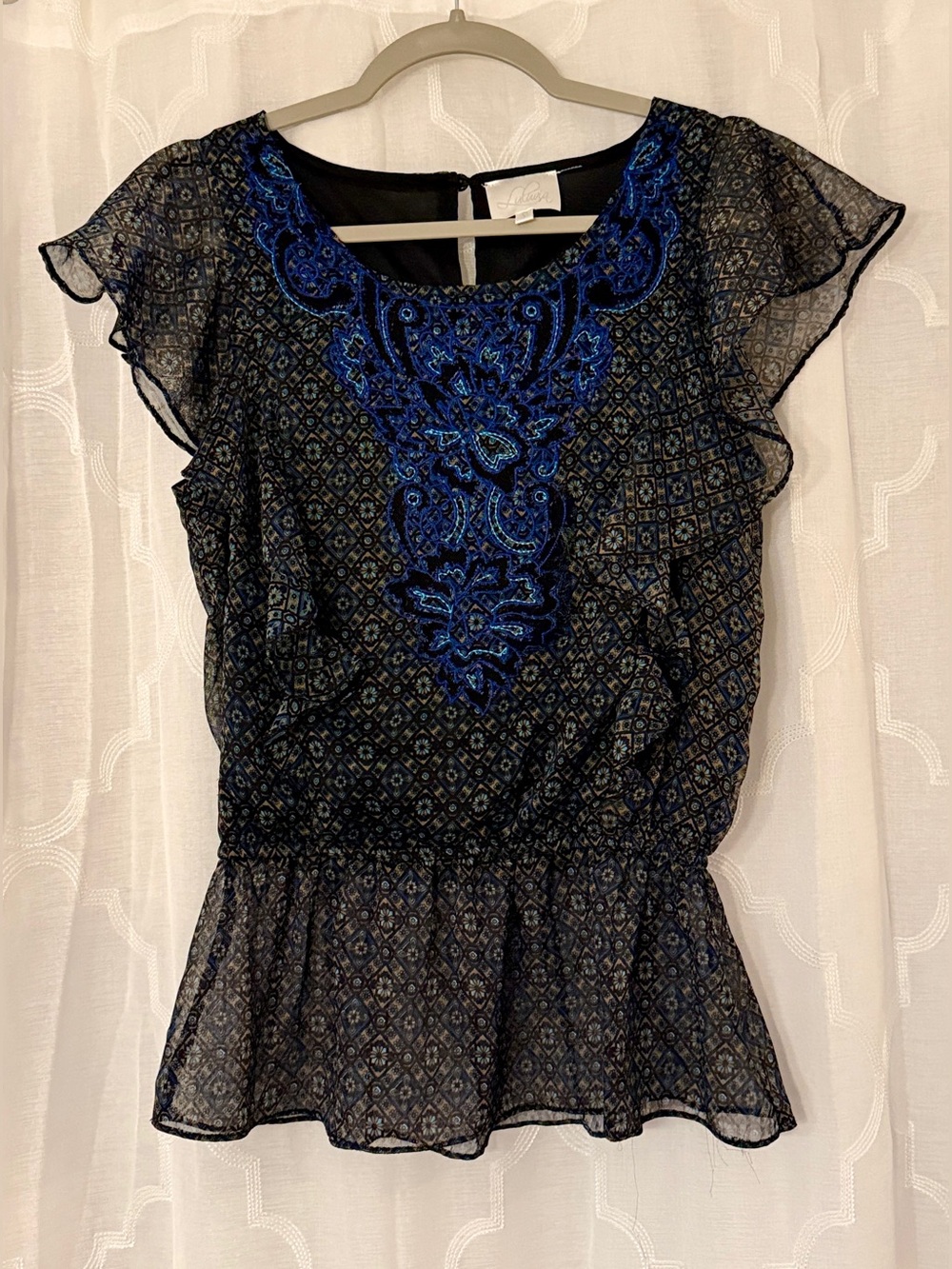 Luluvia Small Black Blue Embroidered Boho Flutter Sleeve Blouse